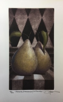 Pears, Diamonds & Stripes 5"x8.5" Drypoint hand pulled limited edition of 50. Hand colored. $175.00